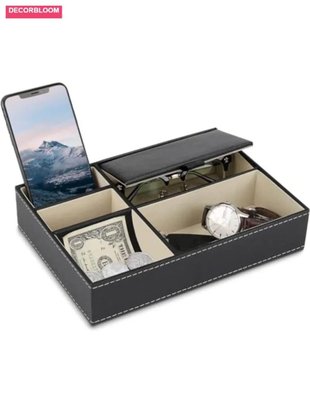 Faux Leather Valet Tray Organizer with 5 Compartments Nightstand Storage for Men